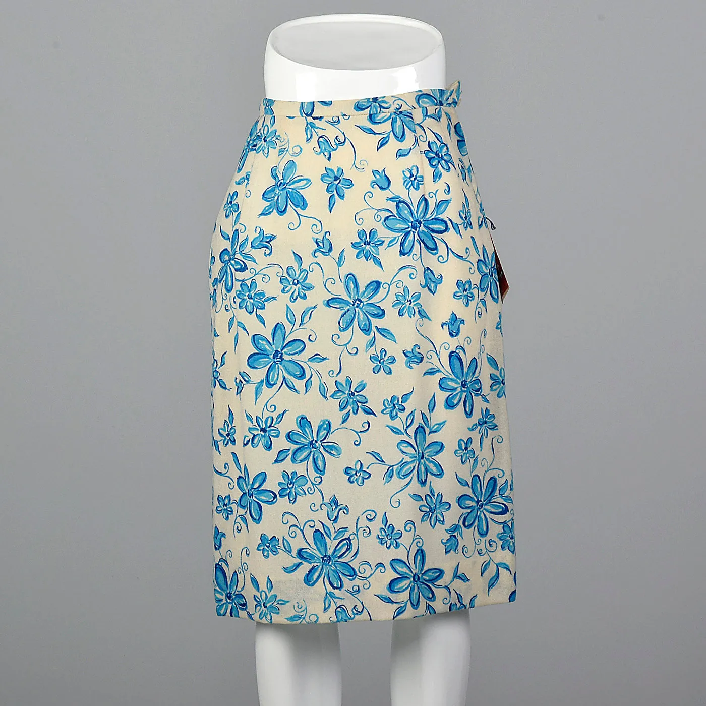 1960s Blue Floral Pencil Skirt