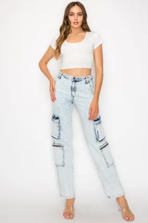 40561  Women's jeans Mid Rise Acid Washed Cargo Pants w/ Extra Pockets