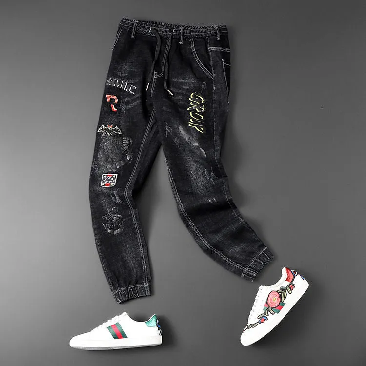 Bats Embroidery and Letter Printing Decorated Jeans
