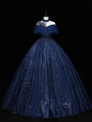 Blue Tulle Sequins Long Ball Gown, Beautiful Blue Tulle Formal Dress