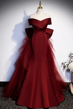 Burgundy V-Neck Satin Long Prom Dress, Mermaid Off Shoulder Evening Dress with Bow
