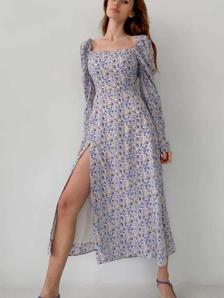 Clothes for Women Spring Summer 2023 New Long Sleeve Slit Sexy Dress Women Square Collar Floral Dresses Formal Occasion Dresses