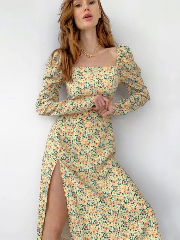 Clothes for Women Spring Summer 2023 New Long Sleeve Slit Sexy Dress Women Square Collar Floral Dresses Formal Occasion Dresses