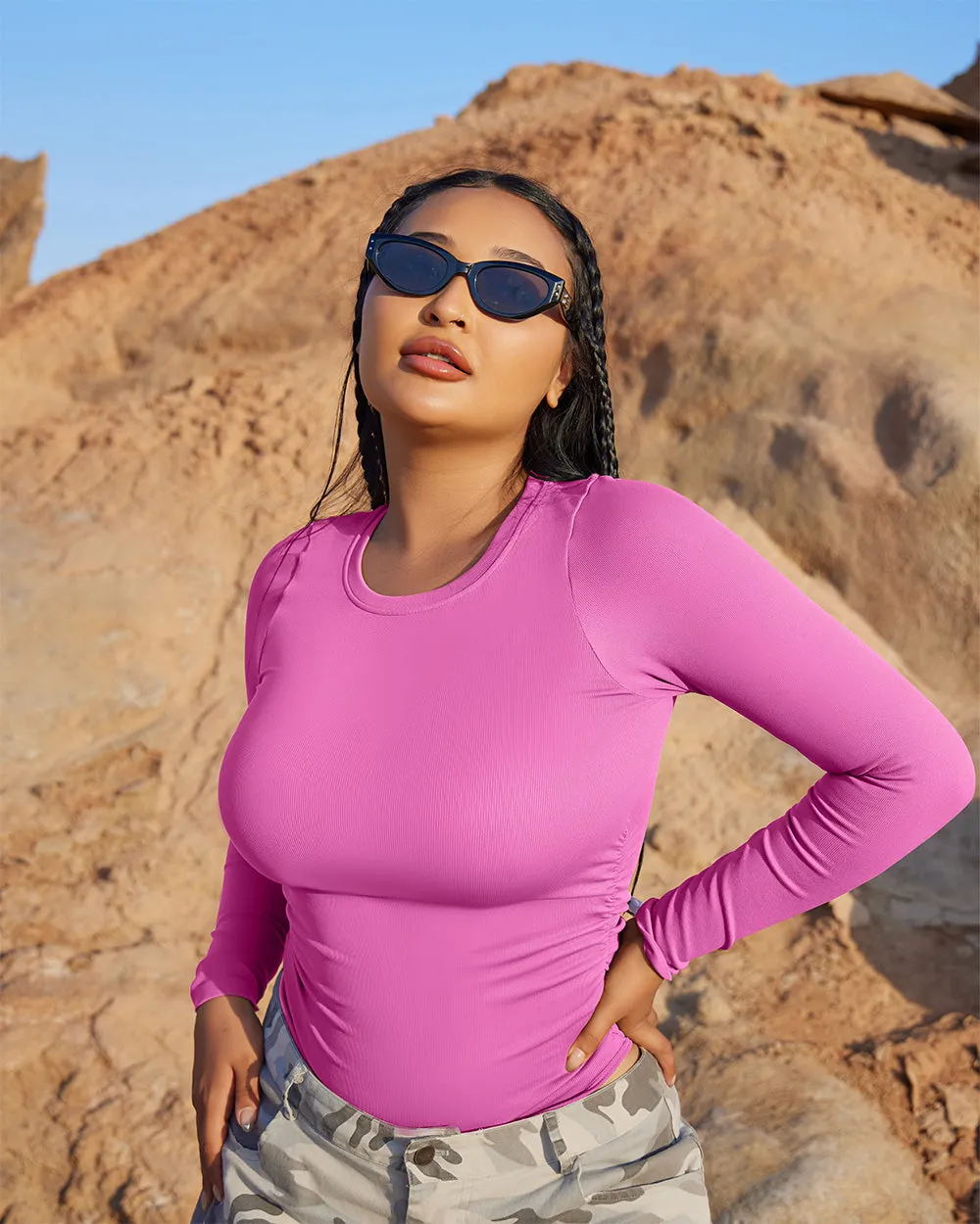 Crew Neck Long Sleeve Ruched Stretch Fitted Bodysuits