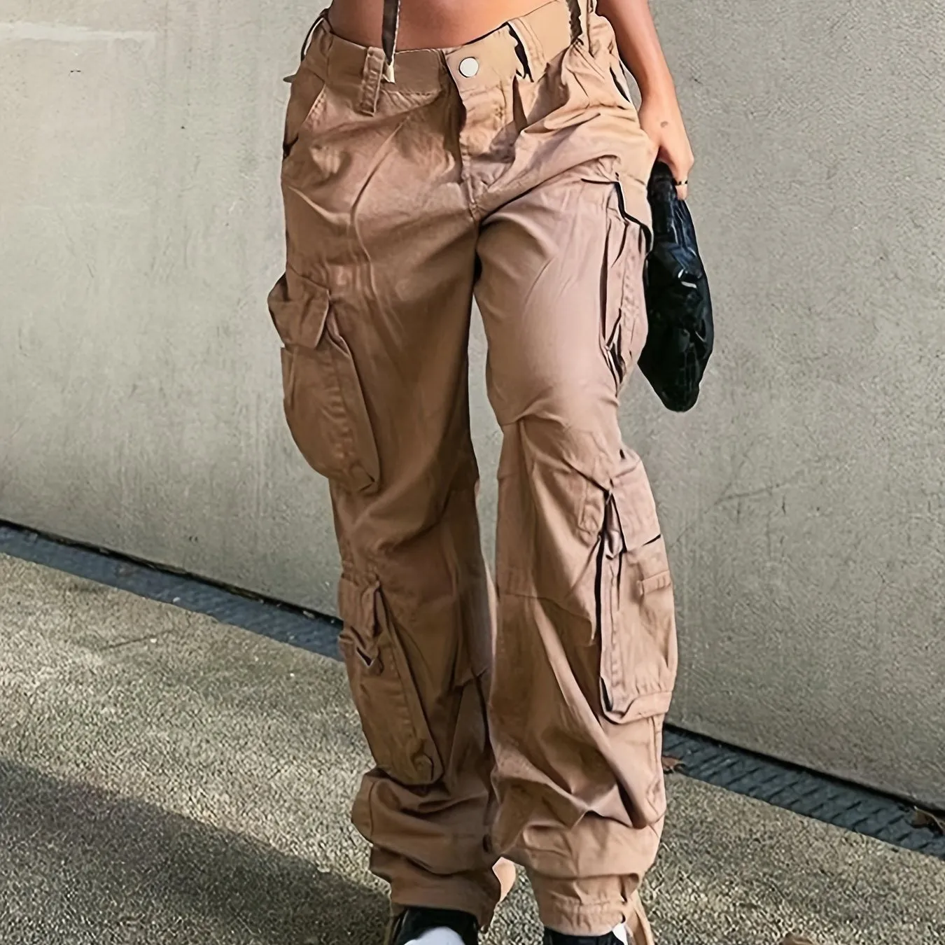 Girl's Wide Legs Baggy Cargo Pants with 2 Flap Pockets, Y2K Style Jeans, Vintage Kpop Inspired Women's Denim Clothing