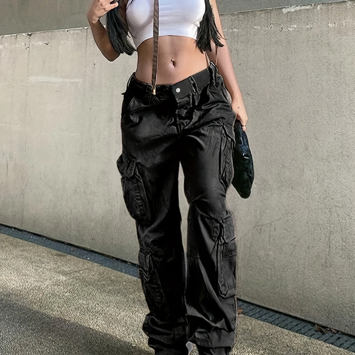 Girl's Wide Legs Baggy Cargo Pants with 2 Flap Pockets, Y2K Style Jeans, Vintage Kpop Inspired Women's Denim Clothing