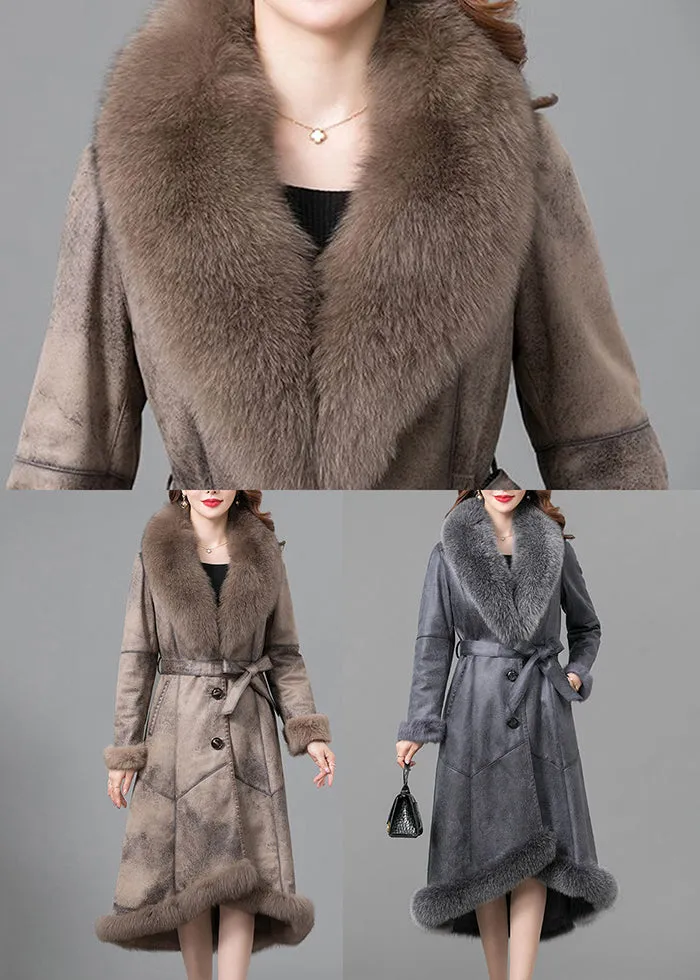 Grey Silm Fit Fuzzy Rabbit Leather And Fur Jacket Fox Collar Winter LY9468