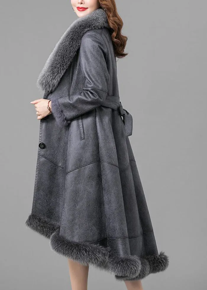 Grey Silm Fit Fuzzy Rabbit Leather And Fur Jacket Fox Collar Winter LY9468
