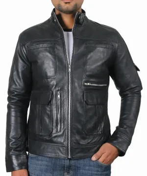 Leather Jackets Hub Mens Genuine Cowhide Leather Jacket (Black, Officer Jacket) - 1501593