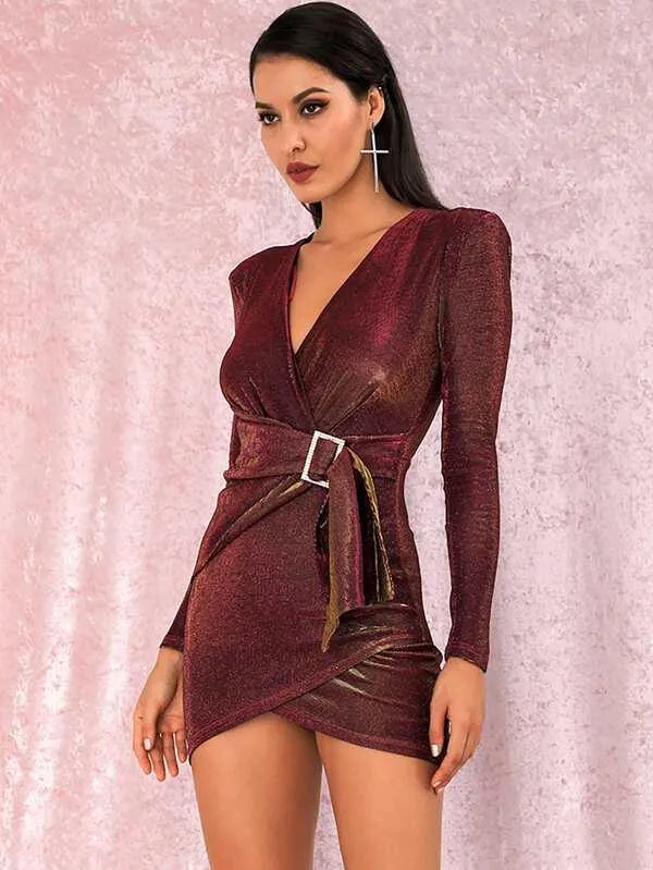 LOVE&amp;LEMONADE Surplice Wrap Belted Glitter Dress