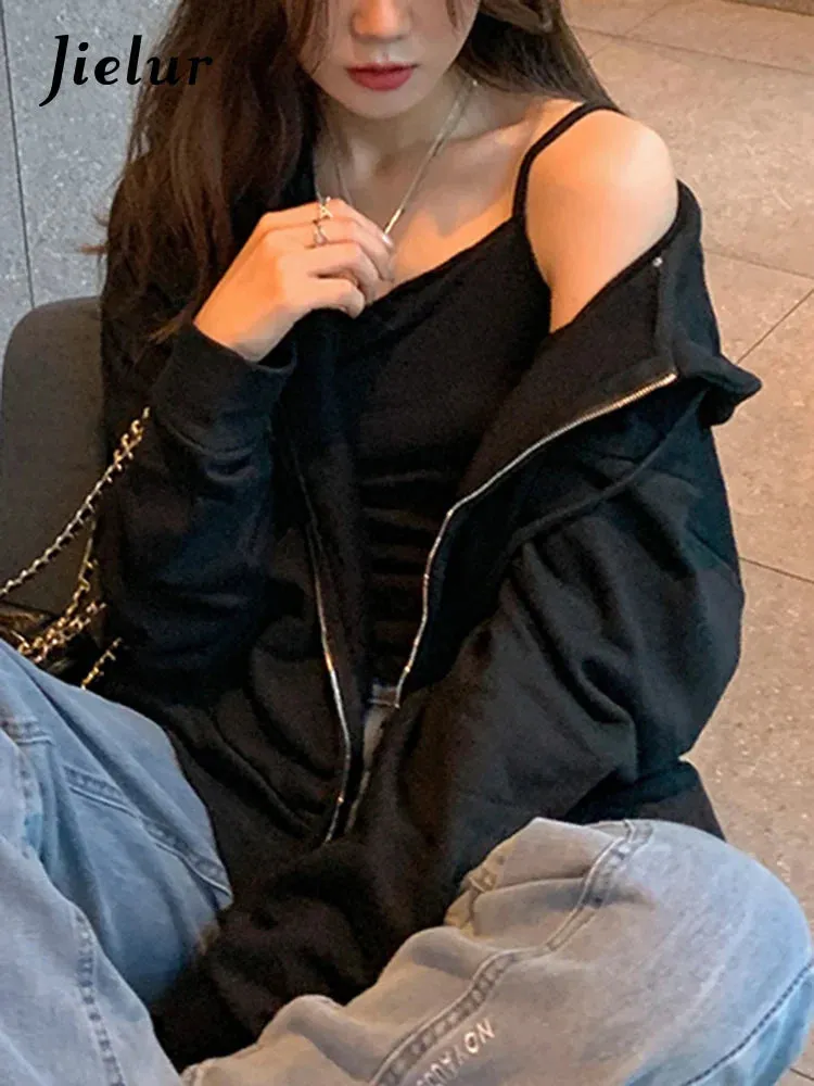 Metaversmall Autumn Korean Zip-up Hoodies Women Streetwear 3 Pure Colors Casual Thin Black Sweatshirt Hooded Female Cardigans M-XL