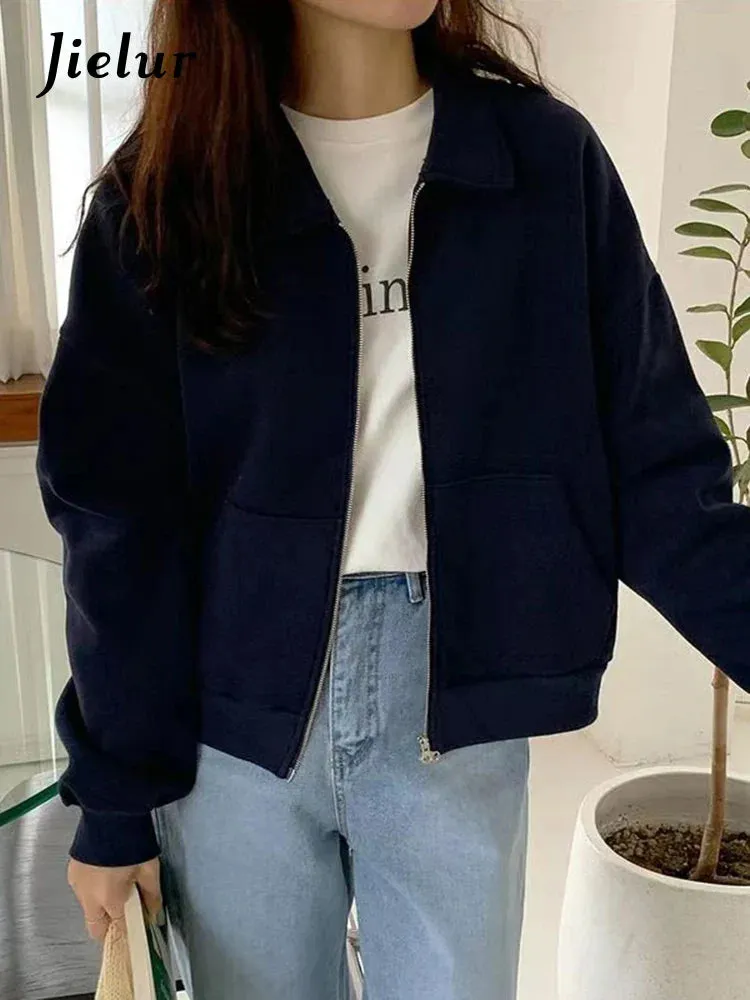 Metaversmall Thick Pure Color Polo Neck Female Hoodies Fashion Office Ladies Chic Zipper Pockets Casual Simple Women's Sweatshirts