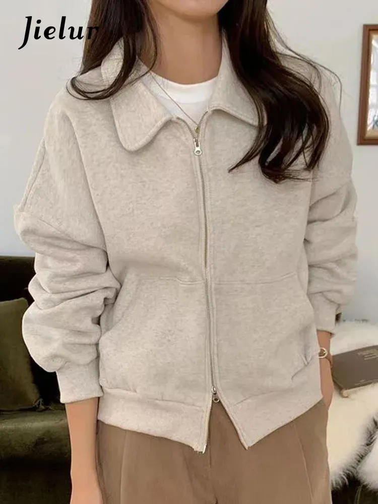 Metaversmall Thick Pure Color Polo Neck Female Hoodies Fashion Office Ladies Chic Zipper Pockets Casual Simple Women's Sweatshirts