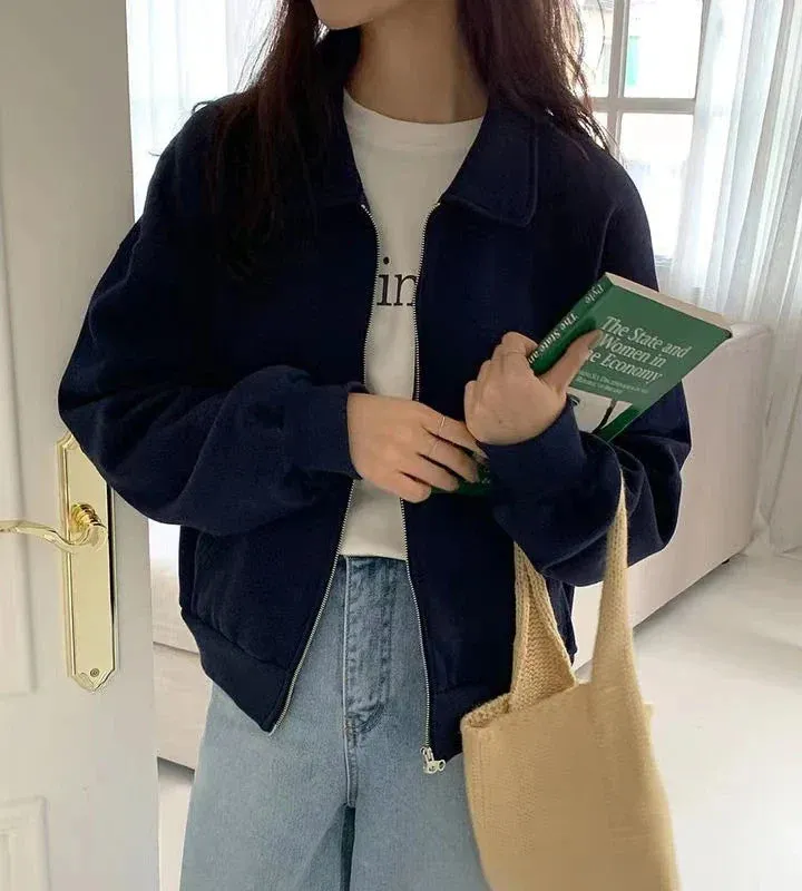 Metaversmall Thick Pure Color Polo Neck Female Hoodies Fashion Office Ladies Chic Zipper Pockets Casual Simple Women's Sweatshirts