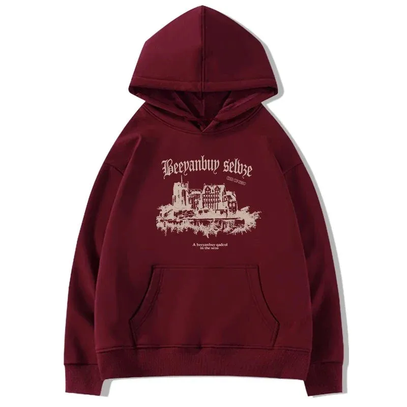 Metaversmall Winter Hooded Chic Letter Printing Loose Women Hoodies Fashion Drawstring Pocket Solid Color Simple Casual Female Hoodies