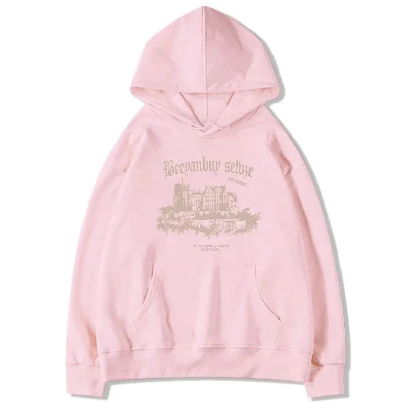 Metaversmall Winter Hooded Chic Letter Printing Loose Women Hoodies Fashion Drawstring Pocket Solid Color Simple Casual Female Hoodies