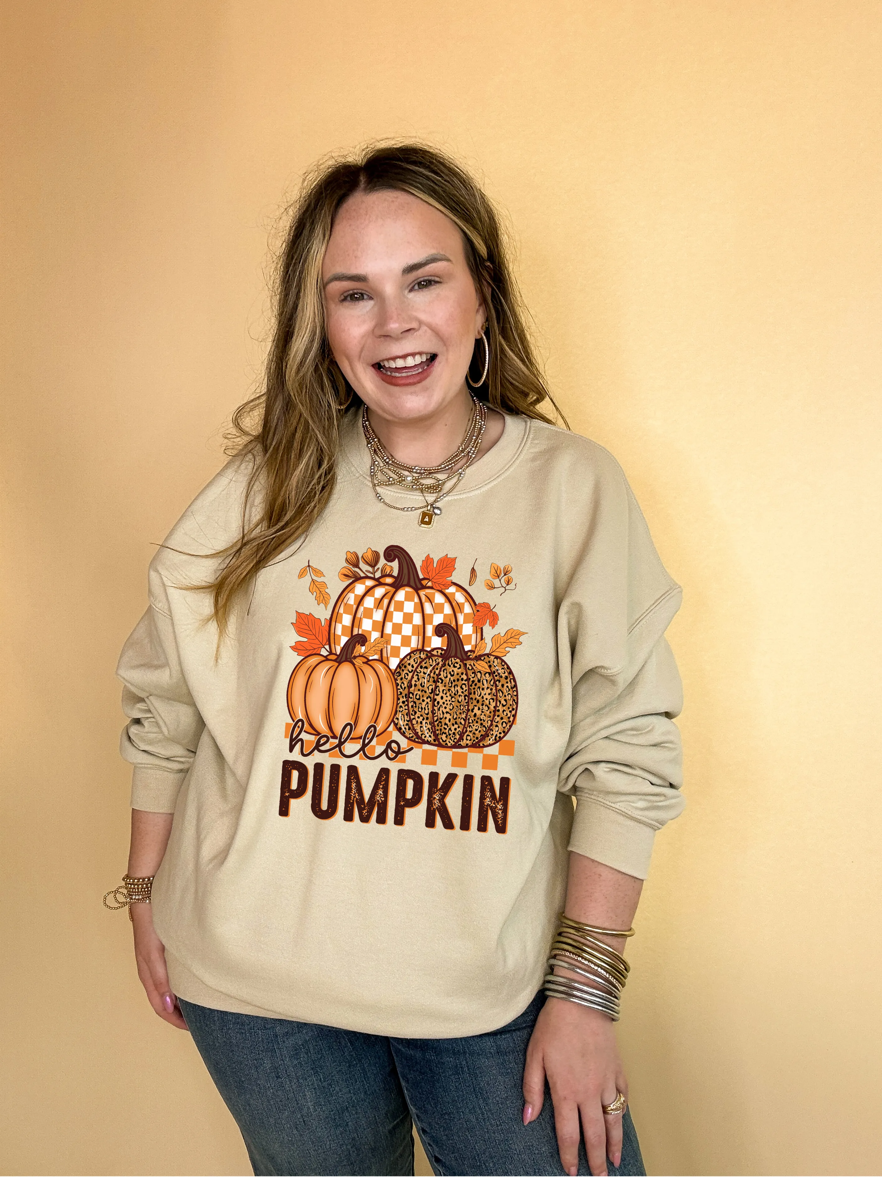 Online Exclusive | Hello Pumpkin Leopard, Checkered and Sold Pumpkins Graphic Sweatshirt in Multiple Color Options