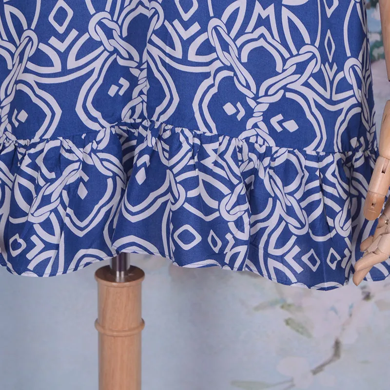 Printed Geometric Rayon Ruffle Sleeve Mini Casual Dress Beachwear Tunic Dress