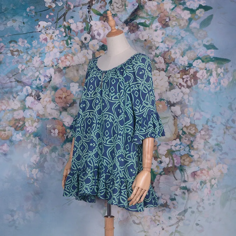 Printed Geometric Rayon Ruffle Sleeve Mini Casual Dress Beachwear Tunic Dress
