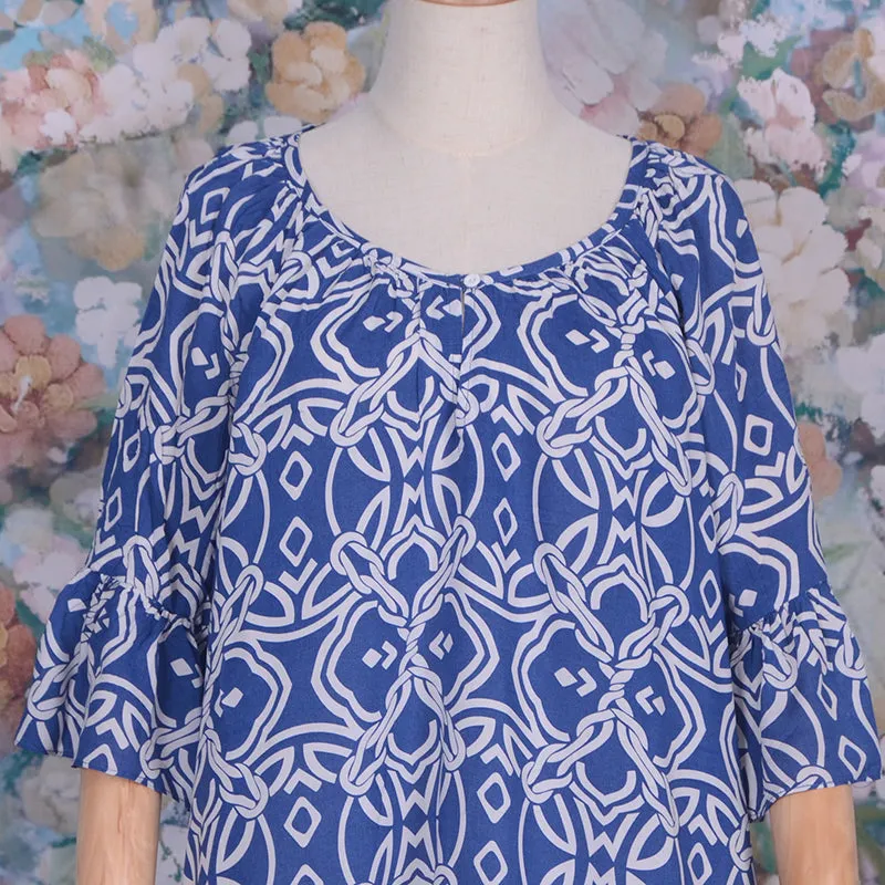 Printed Geometric Rayon Ruffle Sleeve Mini Casual Dress Beachwear Tunic Dress