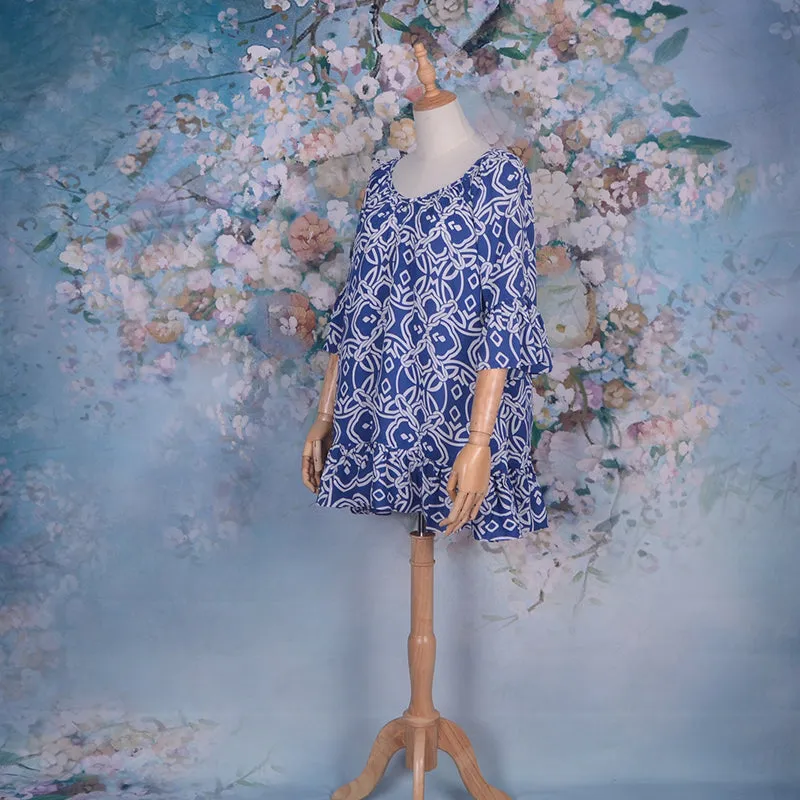 Printed Geometric Rayon Ruffle Sleeve Mini Casual Dress Beachwear Tunic Dress
