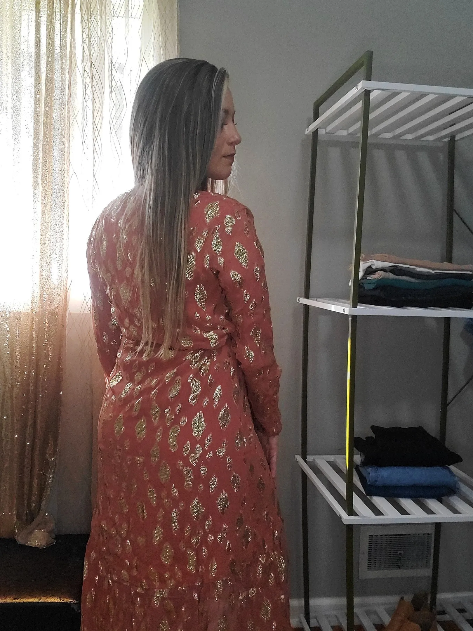 Radiant Sunset Metallic Accent Wrap Long Sleeve Midi Dress