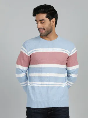 Sky Blue Striped Slim Fit Winter T-Shirt | JadeBlue