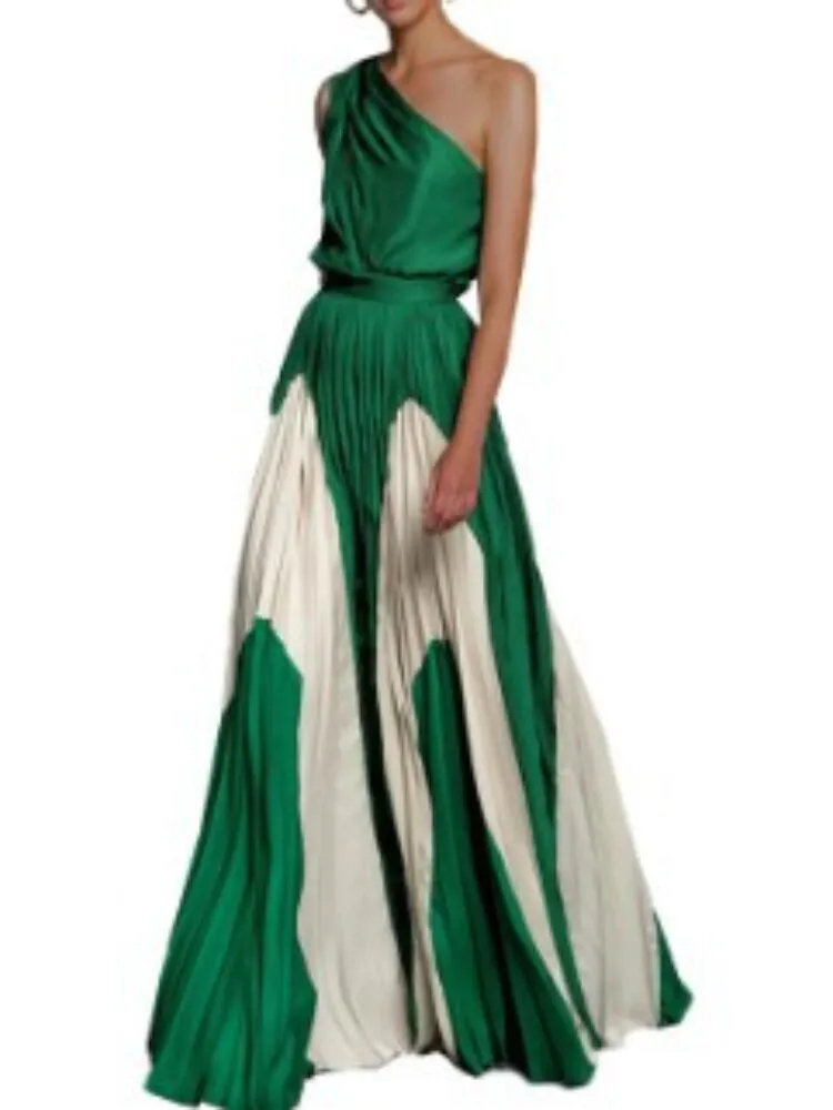 Spring Summer 2023 New Off-the-Shoulder Printed Sexy Dress Women Contrast Loose Spliced Long Dresses Formal Occasion Dresses
