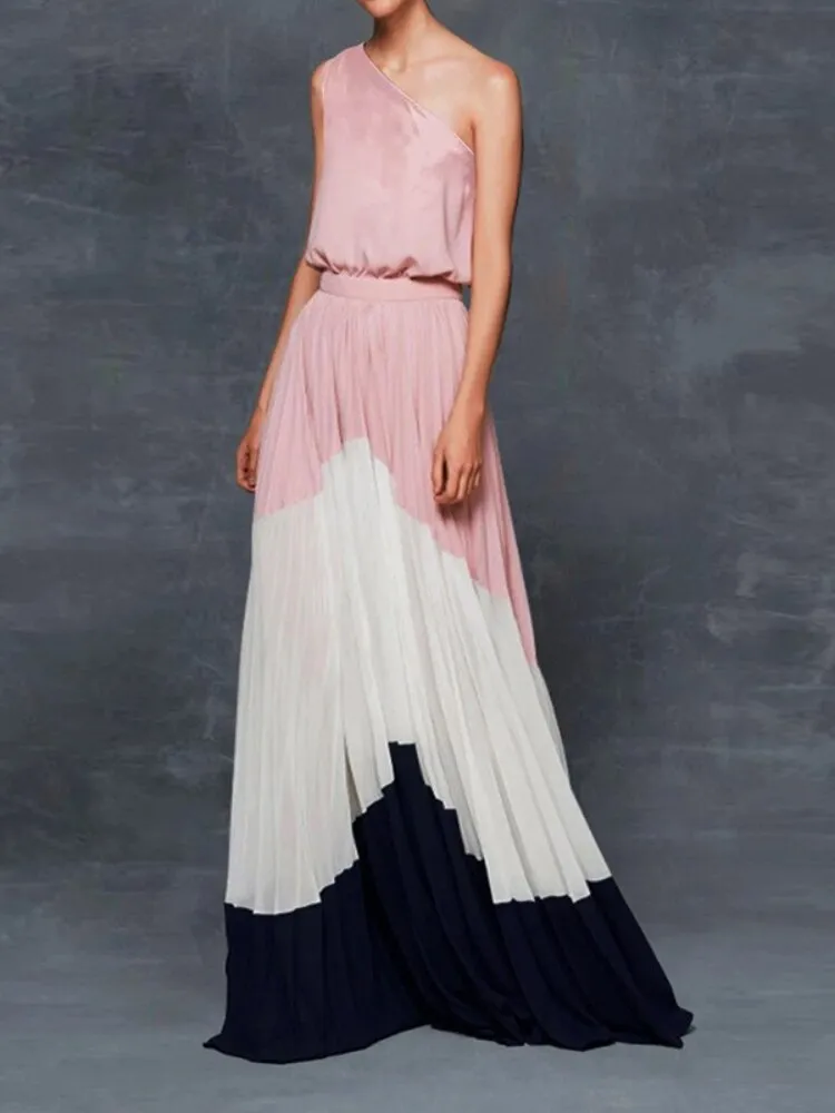 Spring Summer 2023 New Off-the-Shoulder Printed Sexy Dress Women Contrast Loose Spliced Long Dresses Formal Occasion Dresses