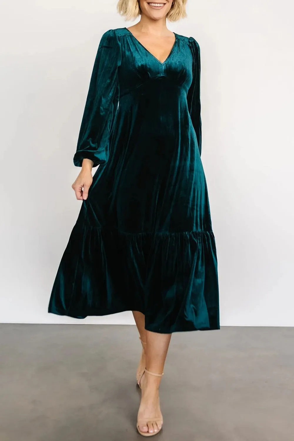 V-Neck Long Sleeve Midi Velvet Dress | Winter Dresses | Holiday Dresses
