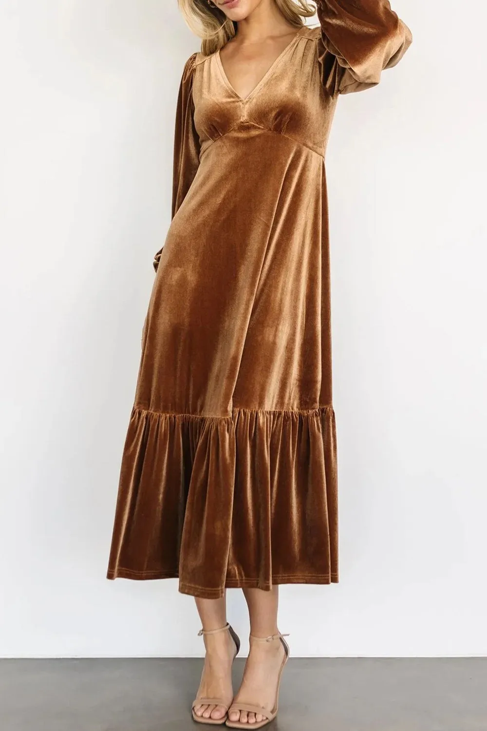 V-Neck Long Sleeve Midi Velvet Dress | Winter Dresses | Holiday Dresses