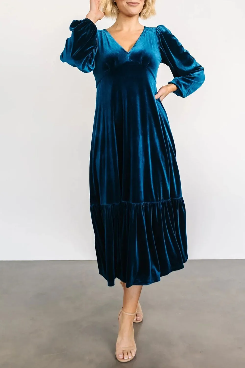 V-Neck Long Sleeve Midi Velvet Dress | Winter Dresses | Holiday Dresses