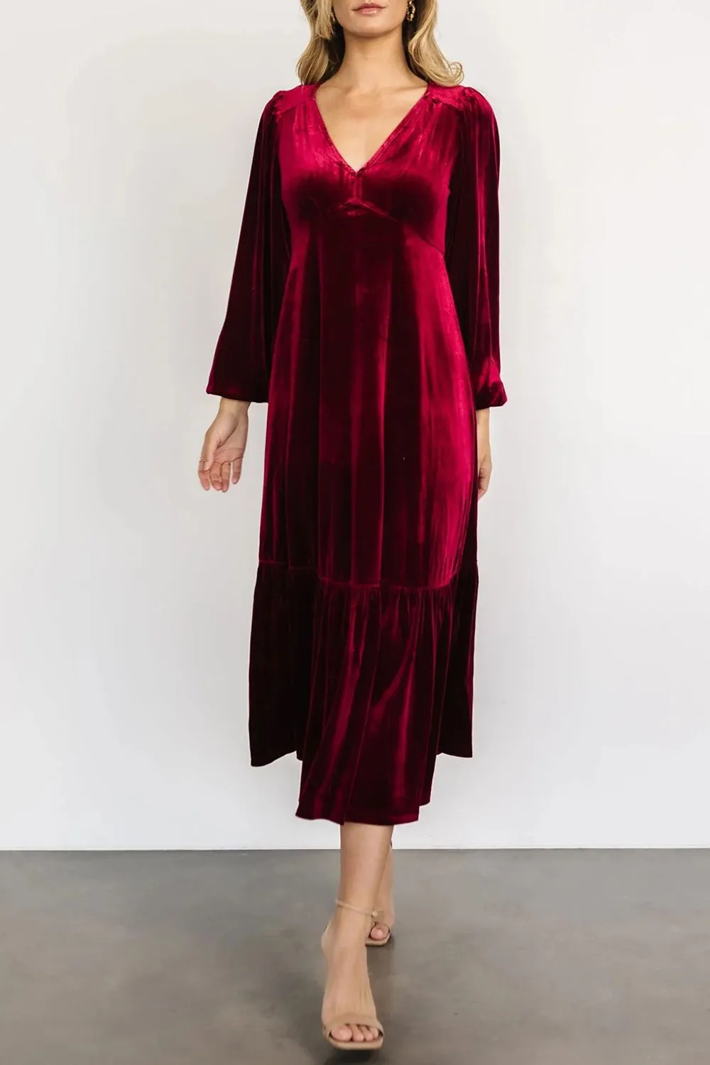 V-Neck Long Sleeve Midi Velvet Dress | Winter Dresses | Holiday Dresses