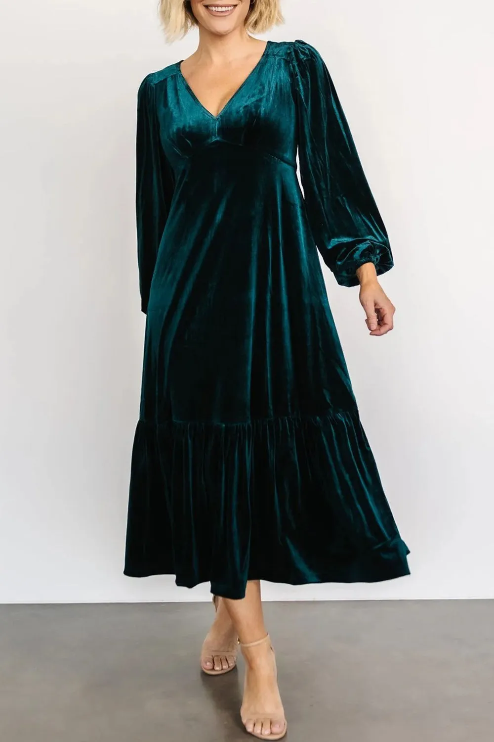 V-Neck Long Sleeve Midi Velvet Dress | Winter Dresses | Holiday Dresses