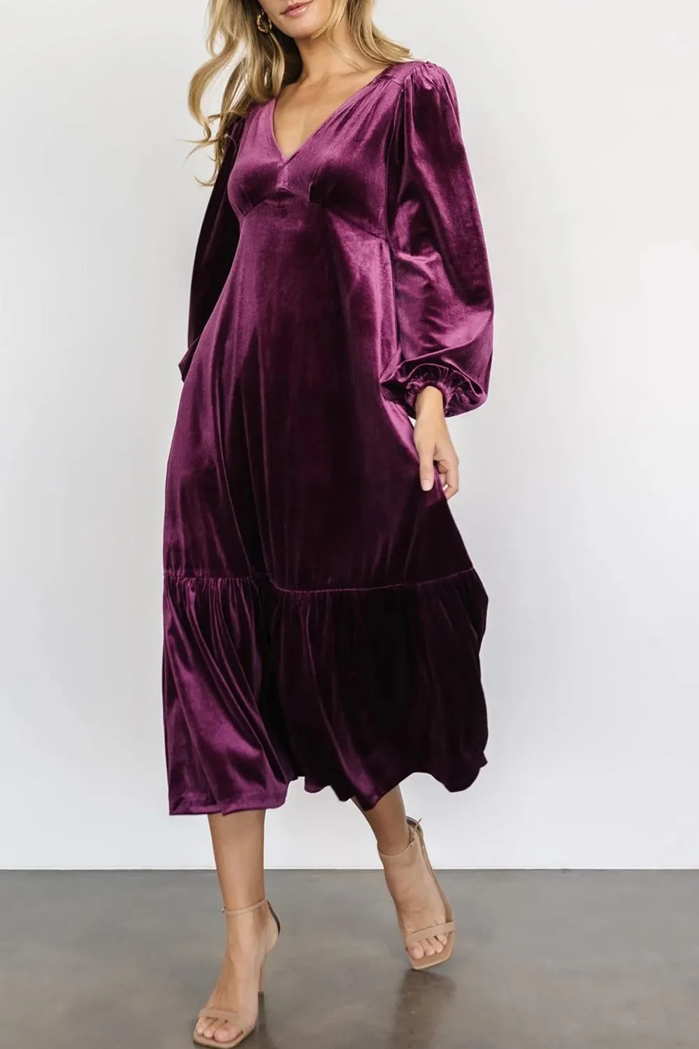 V-Neck Long Sleeve Midi Velvet Dress | Winter Dresses | Holiday Dresses